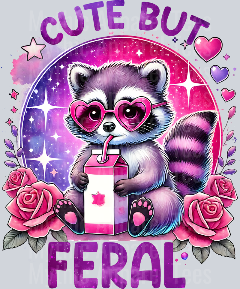 Cute but feral racoon with drink box DTF Racoon Transfers