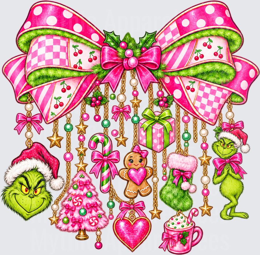 Grinch Pink Coquette Christmas Bow with Dangling Holiday Charms Gingerbread Candy Cane and Festive Ornaments