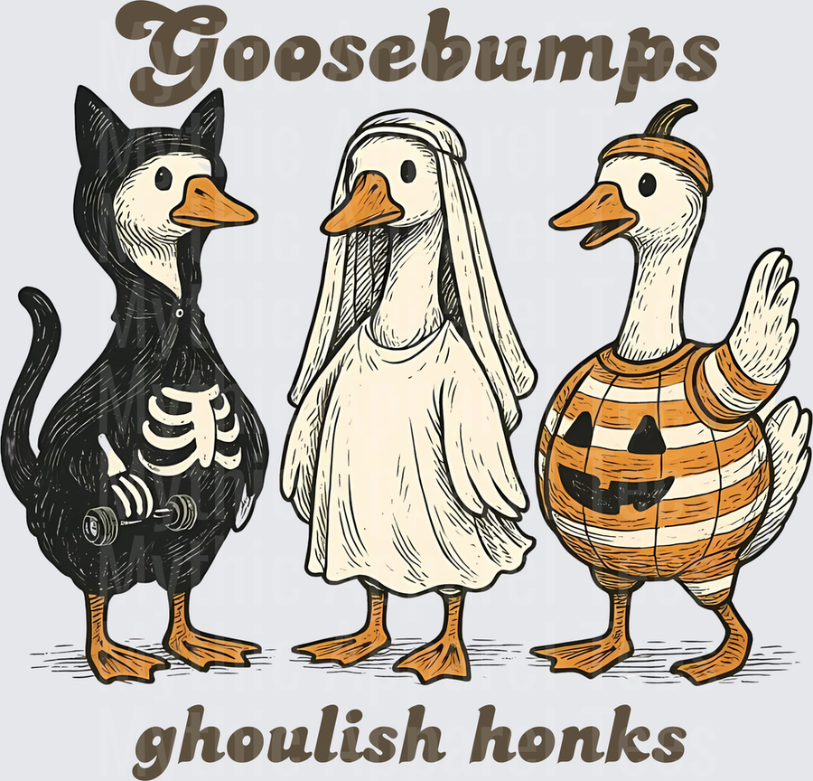 Goosebumps Ghoulish Honks Halloween Geese in Skeleton Cat Ghost and Jack-O-Lantern Pumpkin Costumes