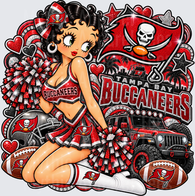 Betty Boop Tampa Bay Buccaneers Cheerleader with Glitter Pom Poms Jeep and Team Logo Collage