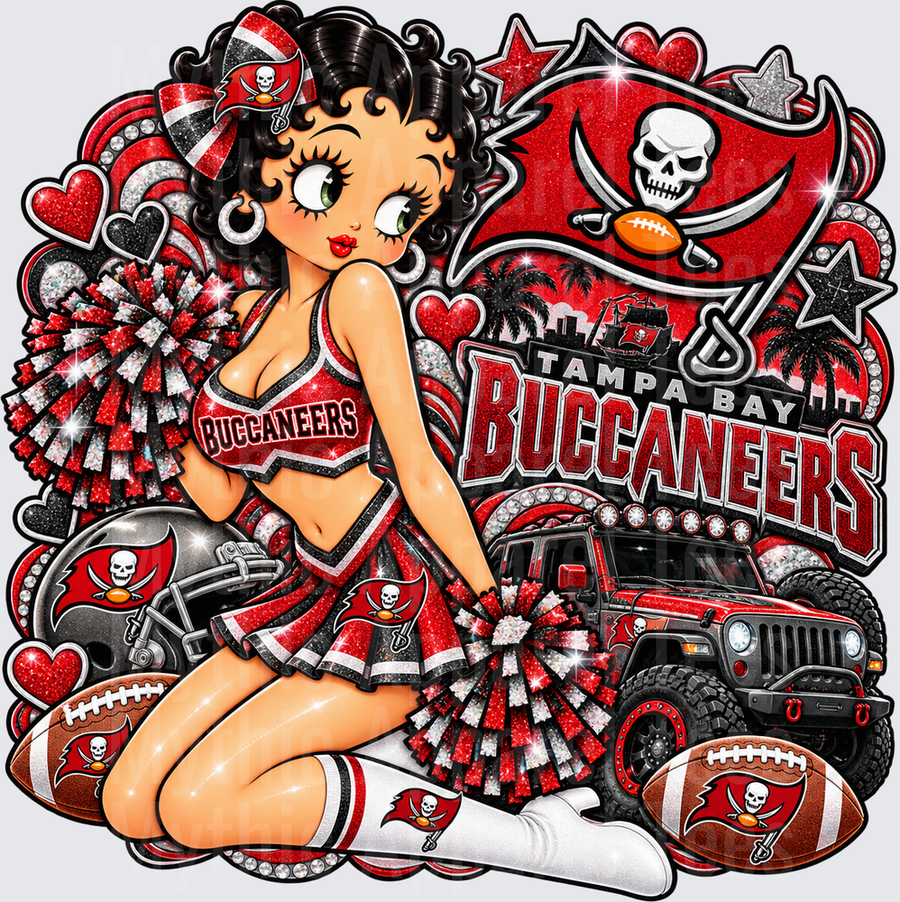 Betty Boop Tampa Bay Buccaneers Cheerleader with Glitter Pom Poms Jeep and Team Logo Collage