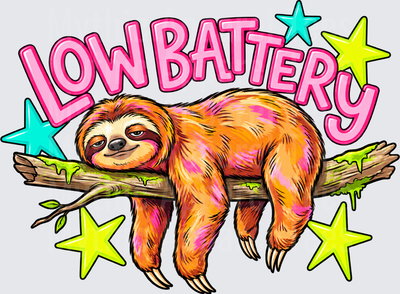 Low Battery Lazy Sloth Hanging on Branch with Colorful Stars
