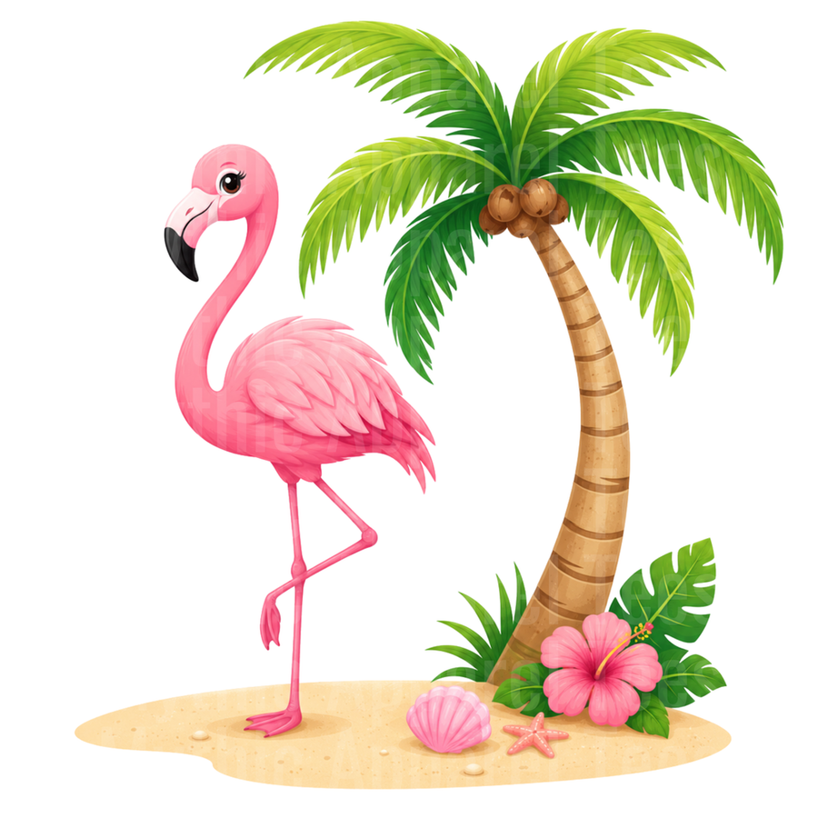 Flamingo Tropical Beach Scene with Palm Tree and Hibiscus