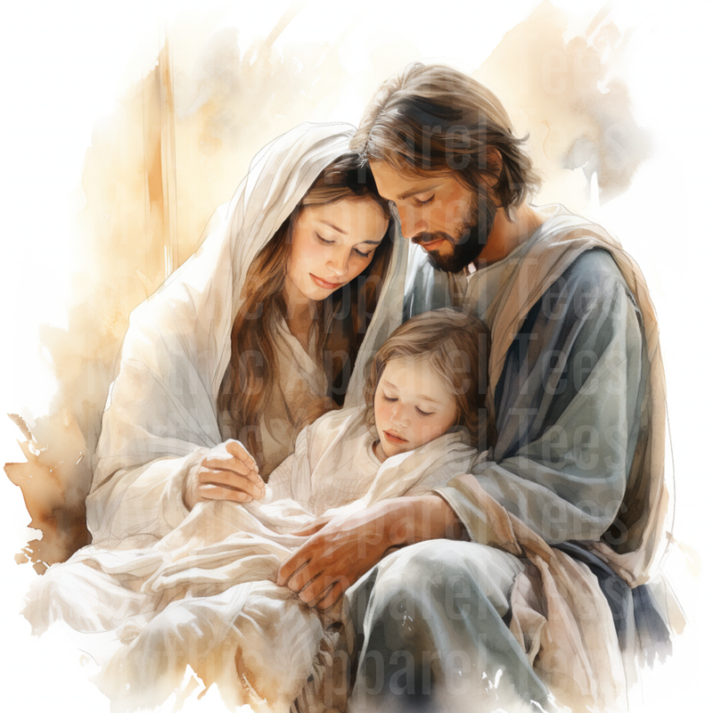 Nativity Holy Family Watercolor Mary Joseph Child Embrace