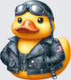Rubber Duck in Uniform Biker Leather Jacket with Motorcycle Patches and Aviator Goggles