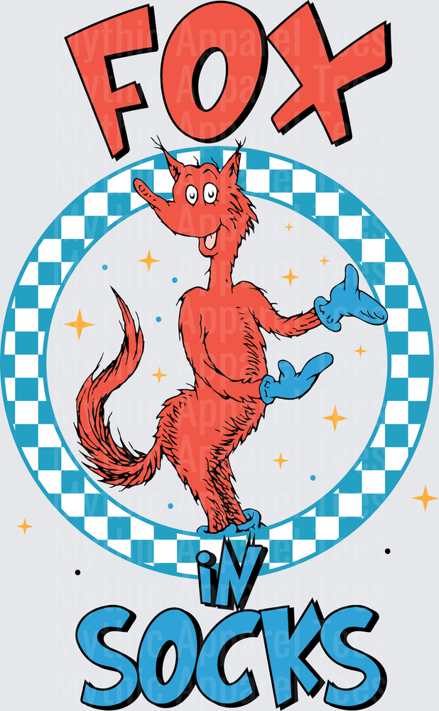 DR Seuss Fox in Socks Blue Checkered Circle Design
