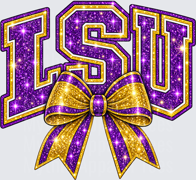 LSU Glitter Sparkle Purple and Gold Block Letters with Cheerleader Bow