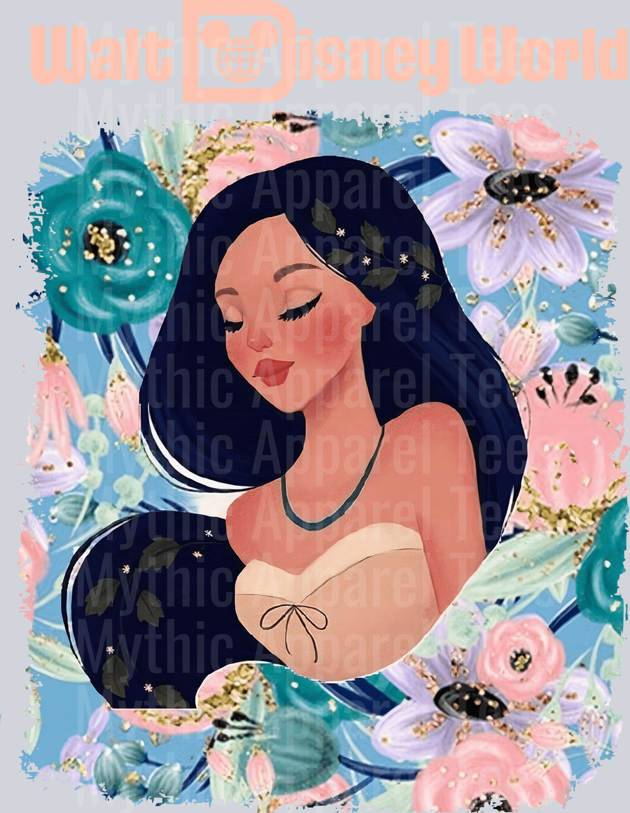 Pocahontas with flowers and walt Disney World Portrait DTF Disney Transfers