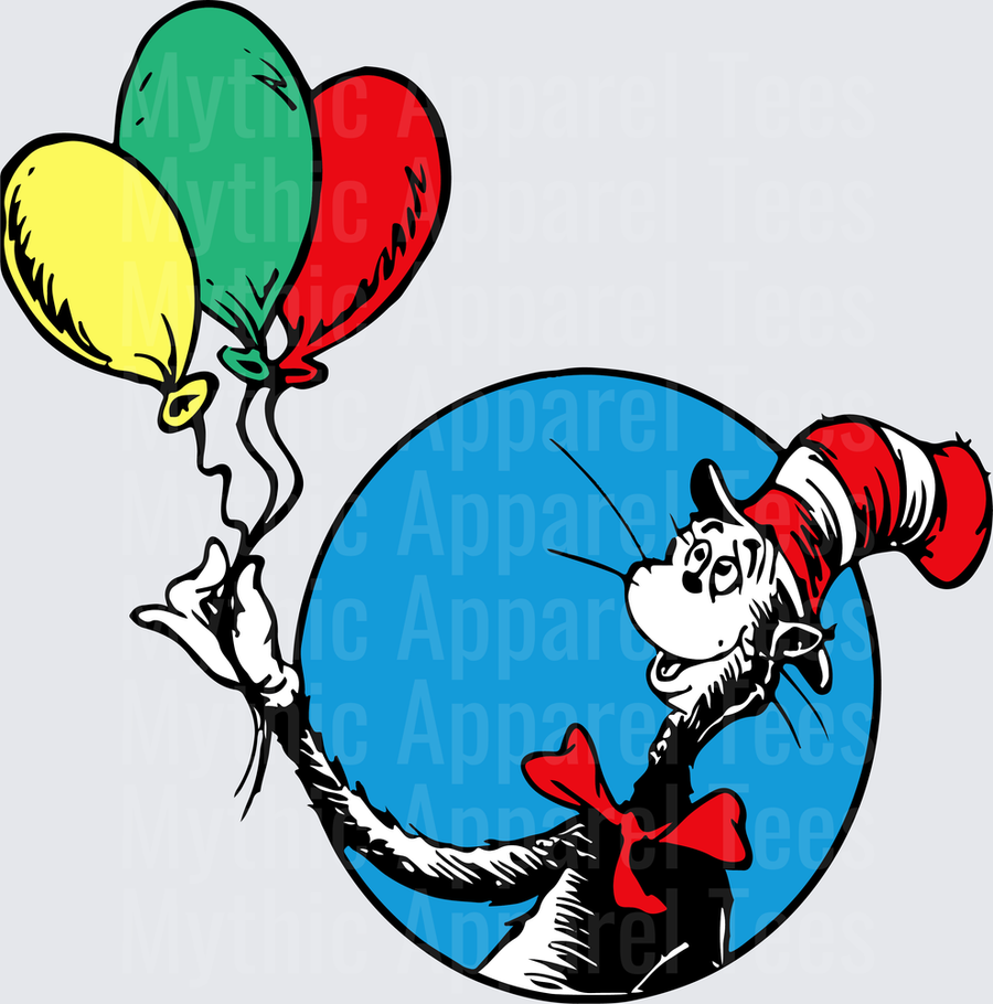 Dr. Seuss Cat in the Hat Holding Colorful Red Green Yellow Balloons Blue Circle Background