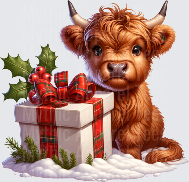 Highland Christmas Cow Calf With Plaid Gift Box and Holly Snow