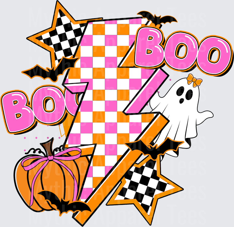 Halloween Boo Lightning Bolt Pink Orange Checkered Ghost Pumpkin Bats Stars Groovy Design