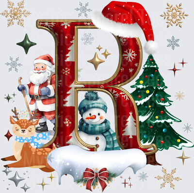 Christmas Letter R with Santa Claus Snowman Reindeer and Christmas Tree Holiday Monogram with Gold Snowflakes and Santa Hat