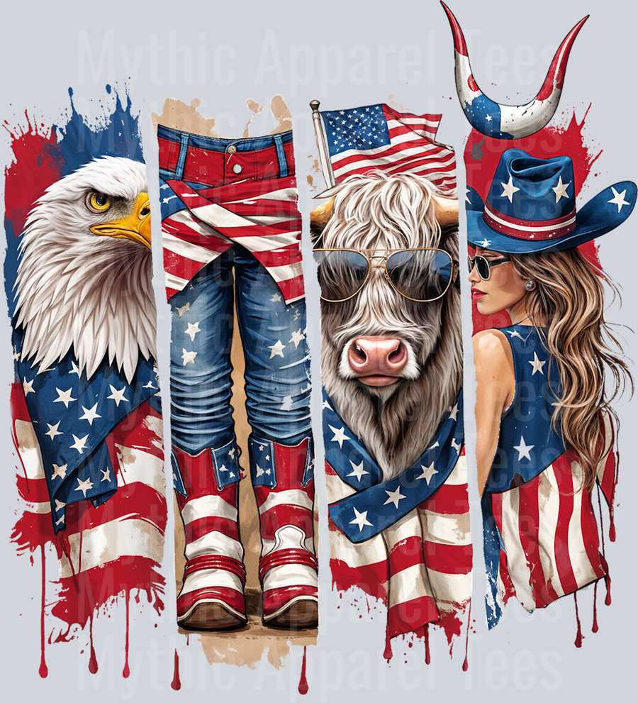 Eagle Boots Cowgirl Highland cow Brush Strokes Red White and Blue DTF Western Patriotic Transfers