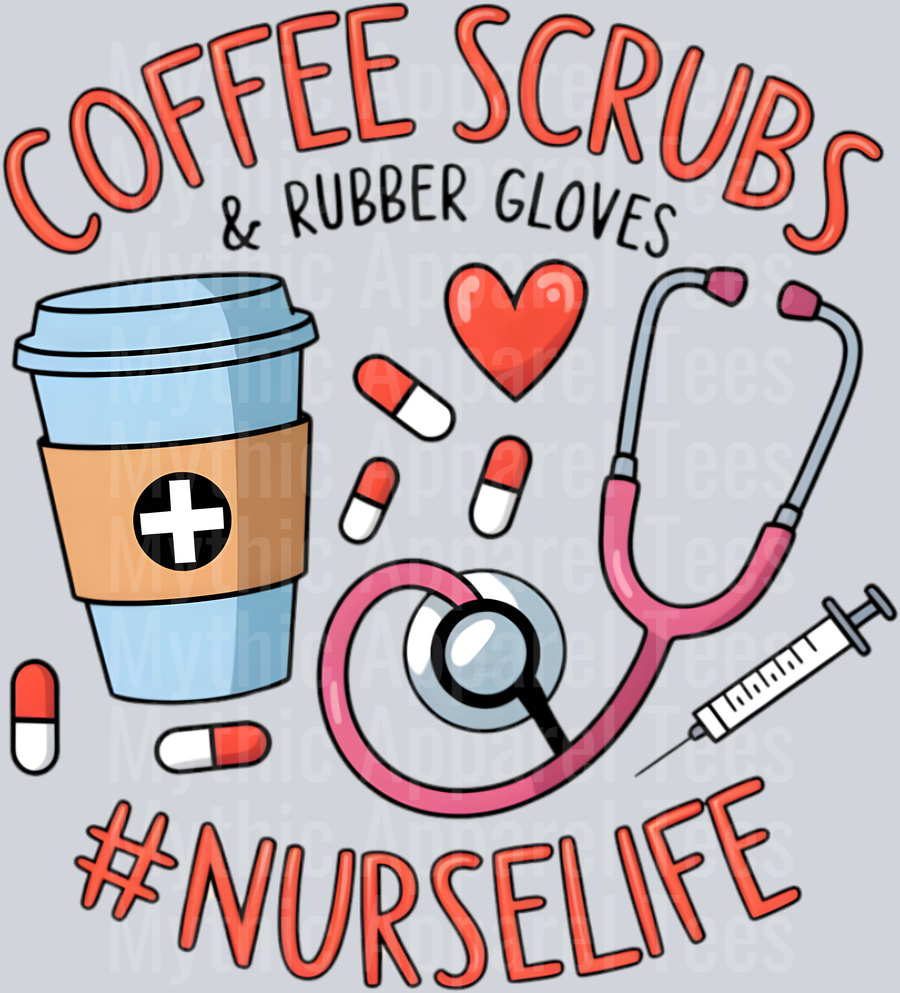 Coffee Scrubs and rubber gloves #nurselife 2 DTF Nurse Transfers