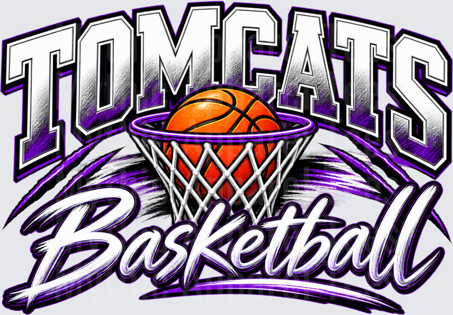 Tomcats Basketball Bold Arched Lettering with Orange Ball Dropping Through Purple Hoop and Net Graphic Design