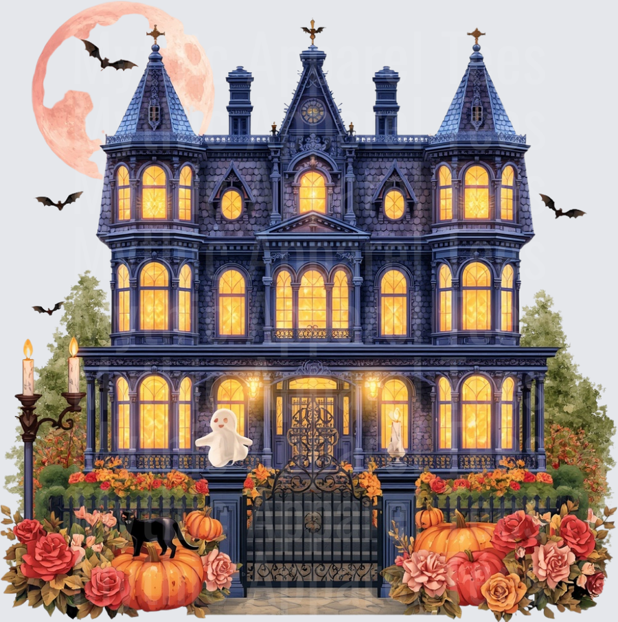 Halloween Victorian Haunted Mansion with Ghosts Pumpkins Bats