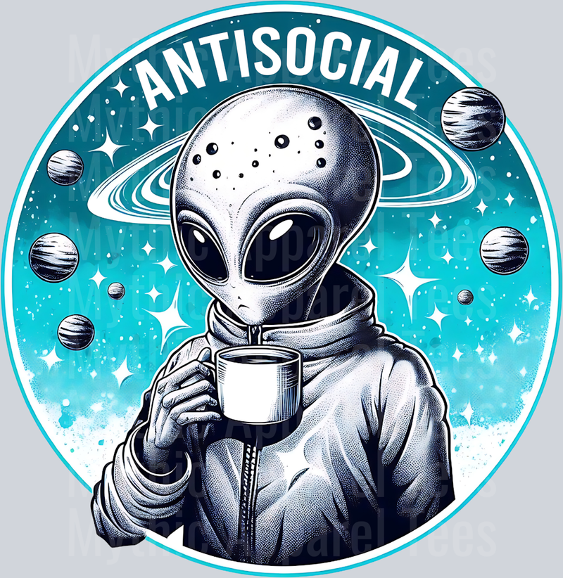Antisocial Alien blue background DTF Alien Transfers