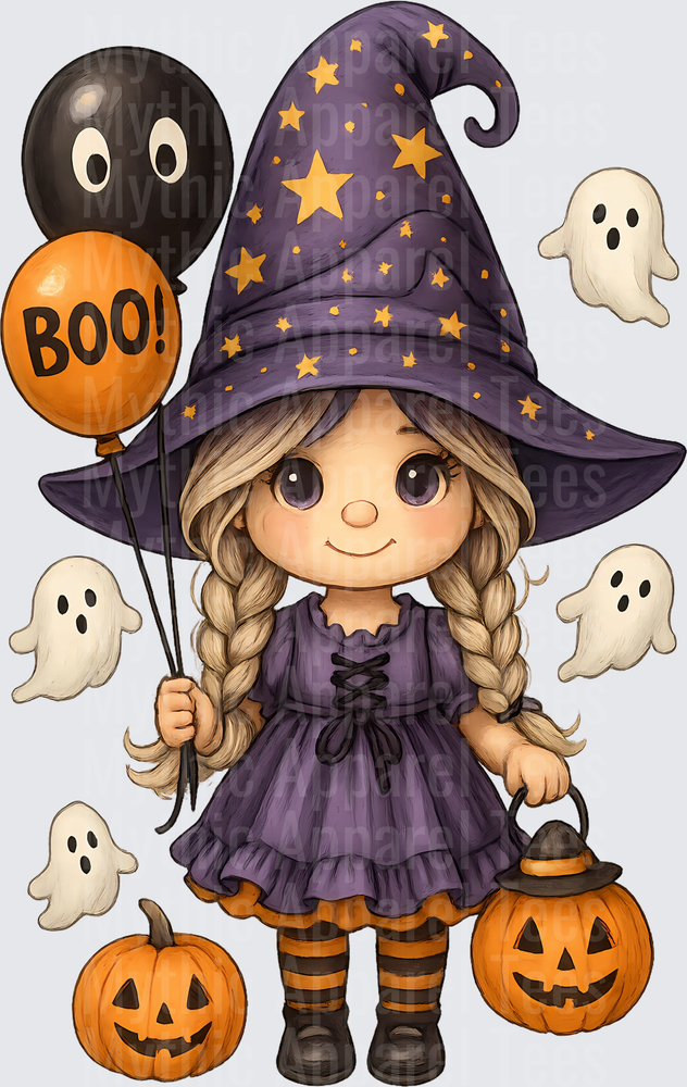 Cute Little Witch Girl with Braids Purple Star Hat BOO Balloons Jack-O-Lanterns and Floating Ghosts Halloween