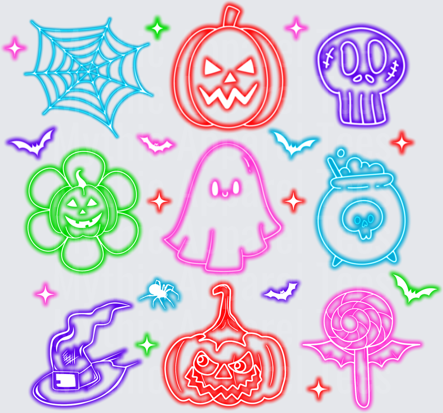 Halloween Neon Glow Spooky Icons Collage Sheet