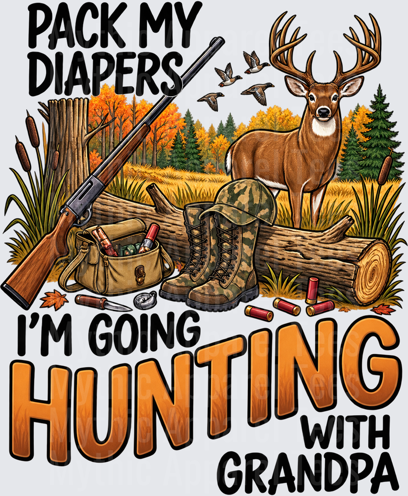 Hunting and Fishing Pack My Diapers I'm Going Hunting With Grandpa Buck Deer Rifle Camo Boots Autumn Scene Baby Humor