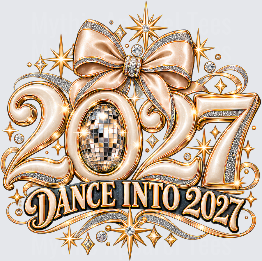 Dance Into 2027 Gold Glam New Year Disco Ball Bow Sparkle Design