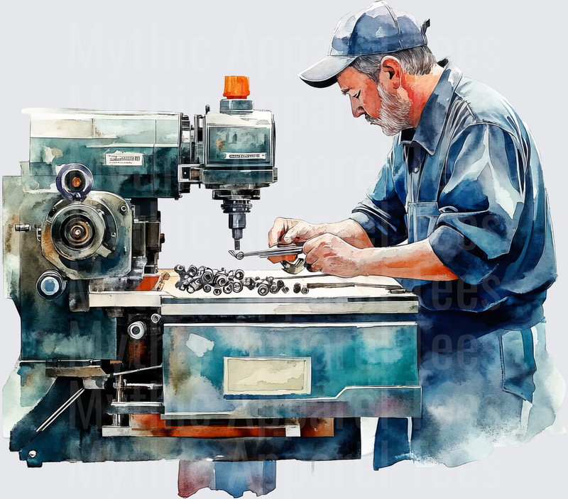 Watercolor Machinist Man Operating Milling Machine with Metal Parts and Tools