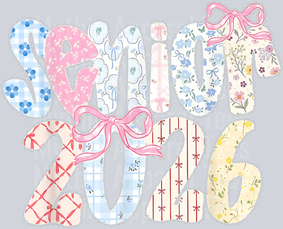 Senior 2026 Pastel Floral Patchwork Letters with lace Bow T-Shirt