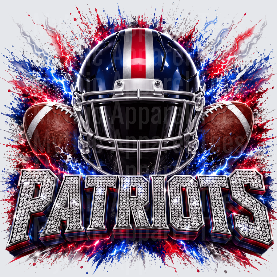 Rhinestone Style NFL Patriots Navy Blue Football Helmet Dual Footballs Red Blue Lightning Paint Splash Diamond Bedazzled Bold Text Design