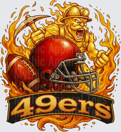San Francisco 49ers Fierce Gold Miner Mascot Flames Football Helmet Graphic