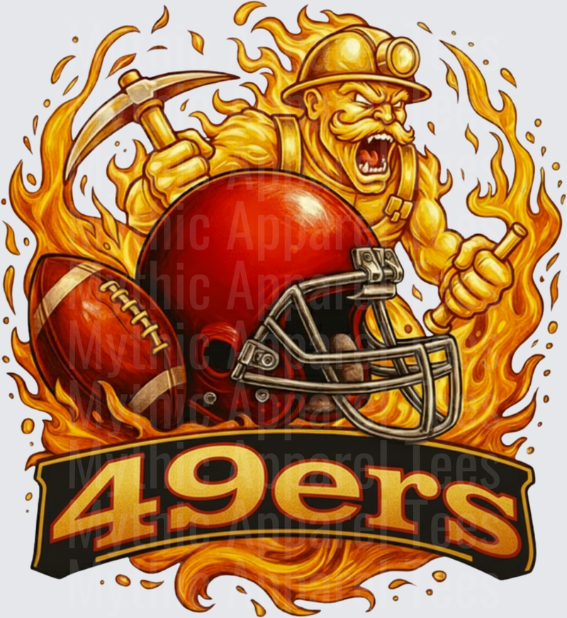 San Francisco 49ers Fierce Gold Miner Mascot Flames Football Helmet Graphic