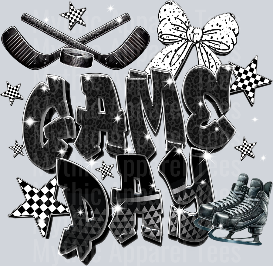 Game day glitter bow with sticks and pucks cute DTF Sports Transfers