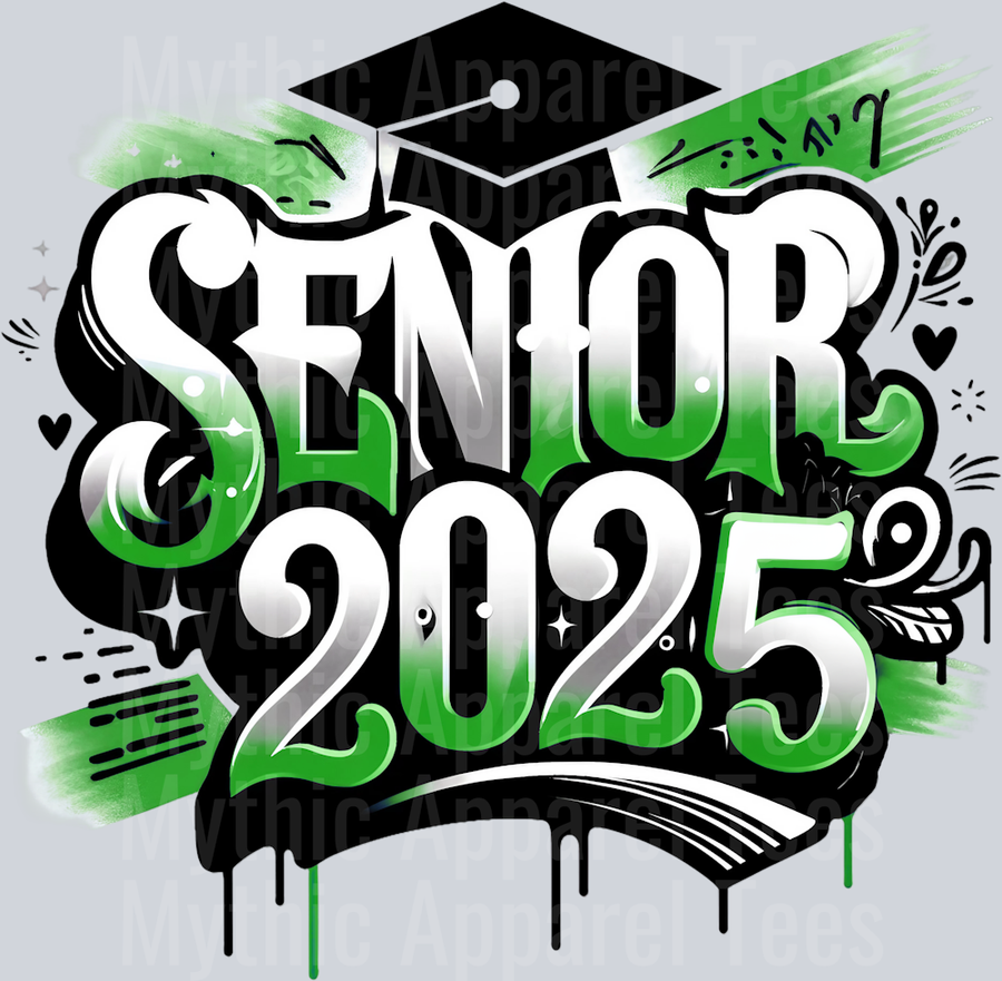 0035 Senior 2025 Airburshed Green and Black 1 DTF 2025 Senior Graduation Transfers