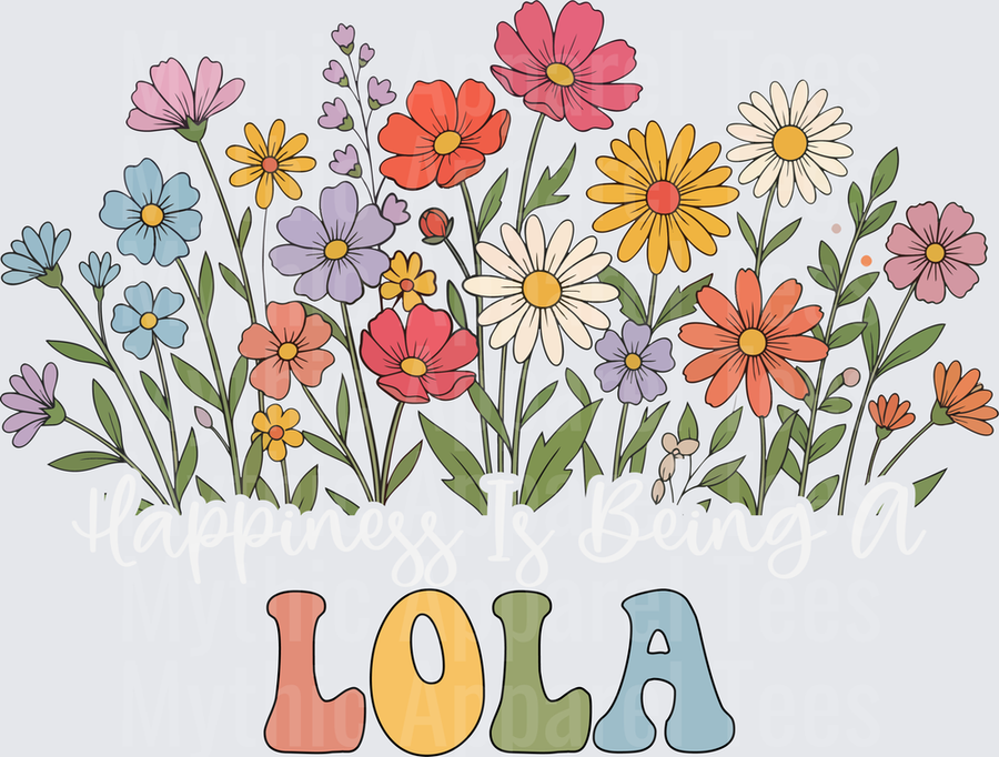 Happiness Is Being A Lola Colorful Wildflower Garden Retro Groovy Letters