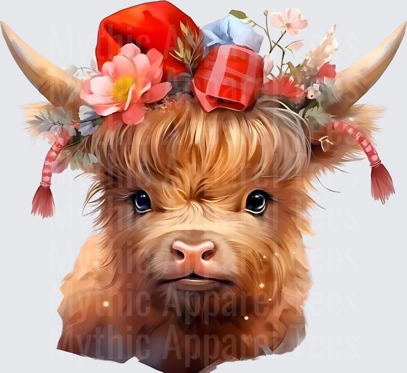 Highland Christmas Cow with Red Bow Floral Crown and Horns