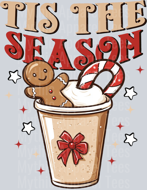 Tis the season hot chocolate with cookie and candy cane DTF Christmas Transfers