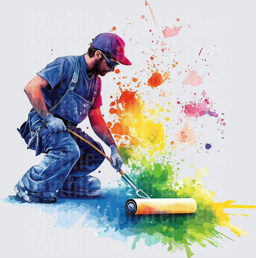Painter Worker With Paint Roller Colorful Rainbow Splash Explosion Watercolor