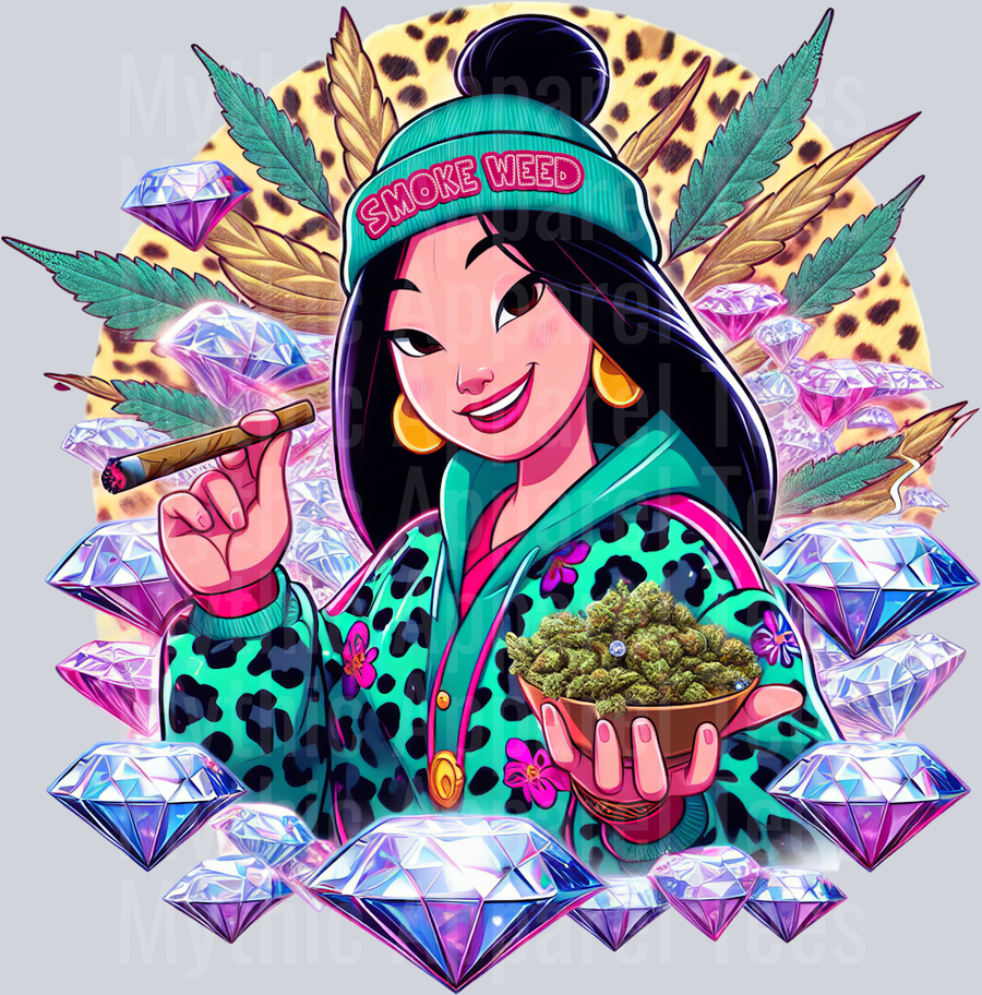 Mulan 2 Weed Plant Cheeta Print Jewels Smoking Weed DTF Weed Transfers