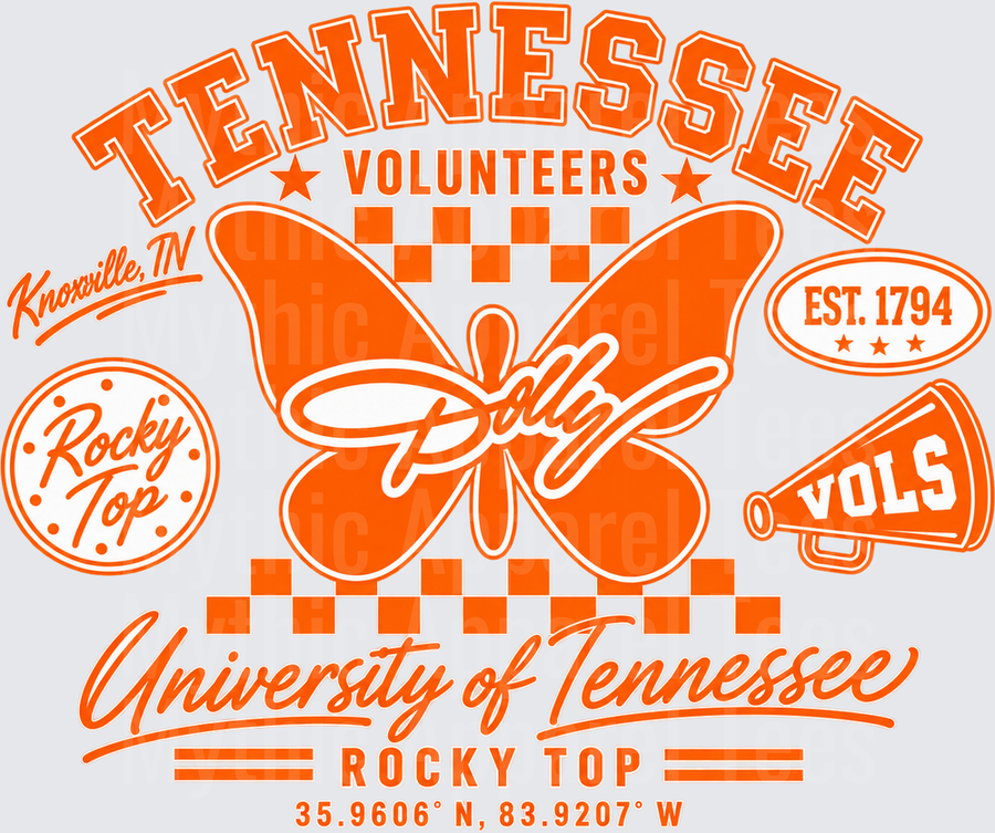 Tennessee Vols Tennessee Volunteers Dolly Butterfly Rocky Top Knoxville Checkered University of Tennessee Est. 1794 Coordinates Graphic