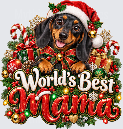 Dachshund World's Best Mama Santa Hat Christmas Holiday Doxie Dog with Festive Wreath Candy Canes and Gifts