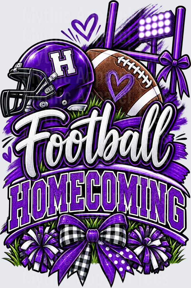 Haywood Purple Football Homecoming Design with Helmet Football Field Lights Cheer Poms and Buffalo Plaid Bow