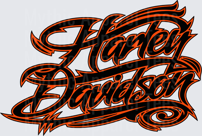Harley Davidson Bold Tribal Script Orange and Black Flame Lettering