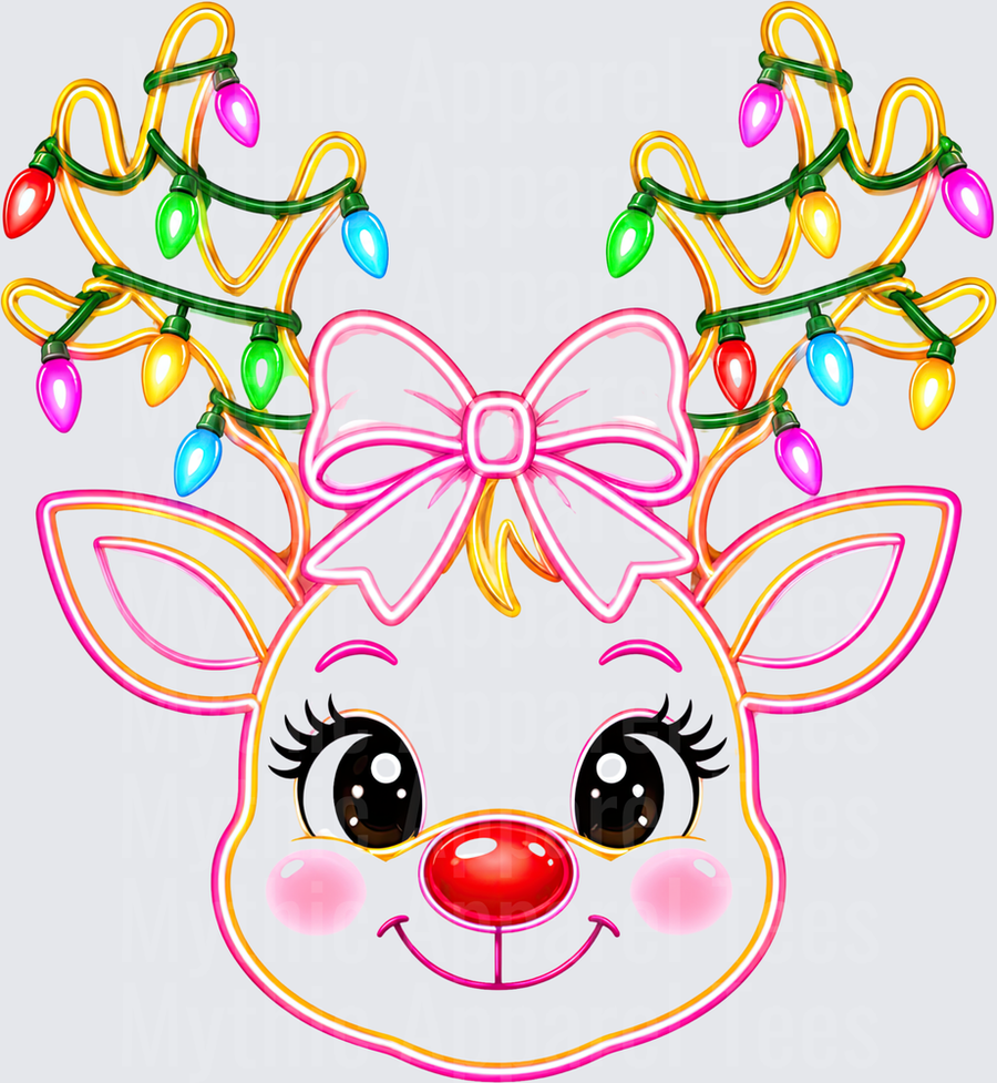 Cute Girl Reindeer Face with Red Nose Pink Bow and Colorful Christmas Lights on Antlers