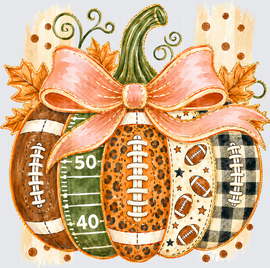 Fall Designs Football Pumpkin with Pink Bow Leopard Print Plaid Field and Stars Autumn Watercolor