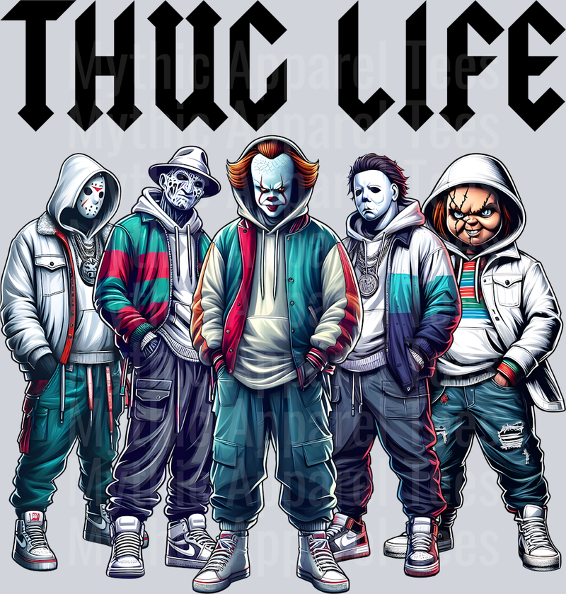 Black Letters Straight Chucky THUG LIFE Freddy Krueger Jason Vorhees Michael Myers Pennywise Gangster Pose Horror Movie DTF Thug Life Transfers