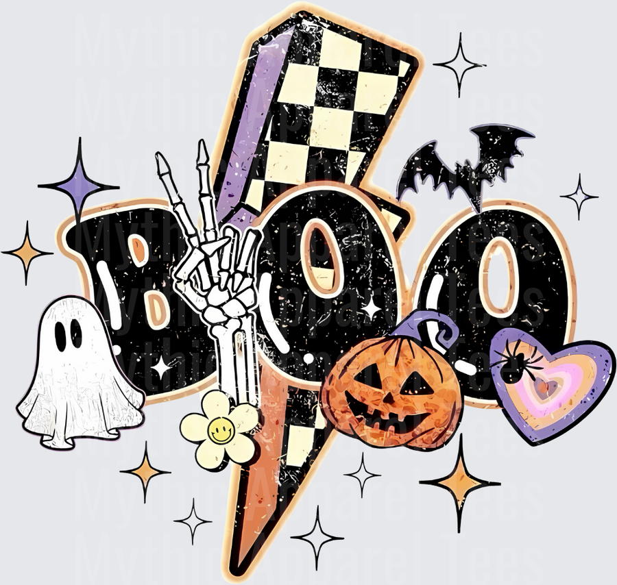 Retro Groovy BOO Halloween Checkered Lightning Bolt Skeleton Hand Ghost Pumpkin Bat Spider Heart Distressed Design