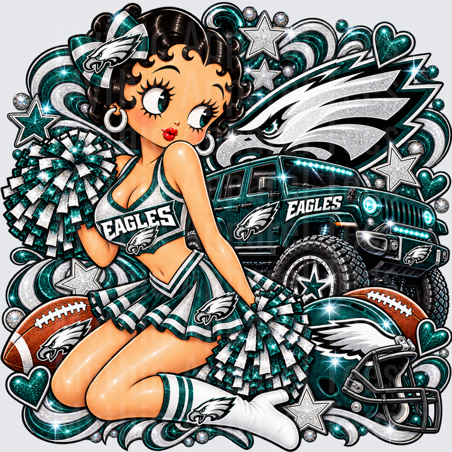 Betty Boop Philadelphia Eagles Cheerleader with Glitter Jeep Football Helmet and Pom Poms Sparkle Fan Design