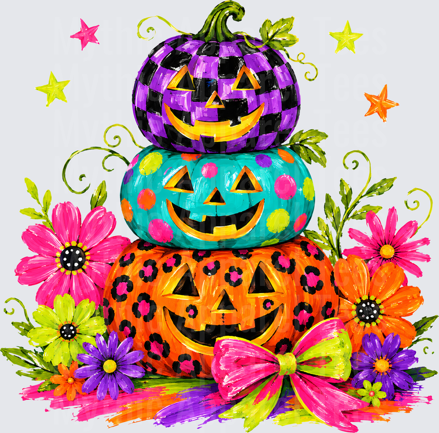 Halloween Bright And Fun Stacked Jack-O-Lantern Trio with Purple Black Checkered Teal Polka Dot and Orange Leopard Print Pumpkins Surrounded by Colorful Flowers Stars and Pink Bow