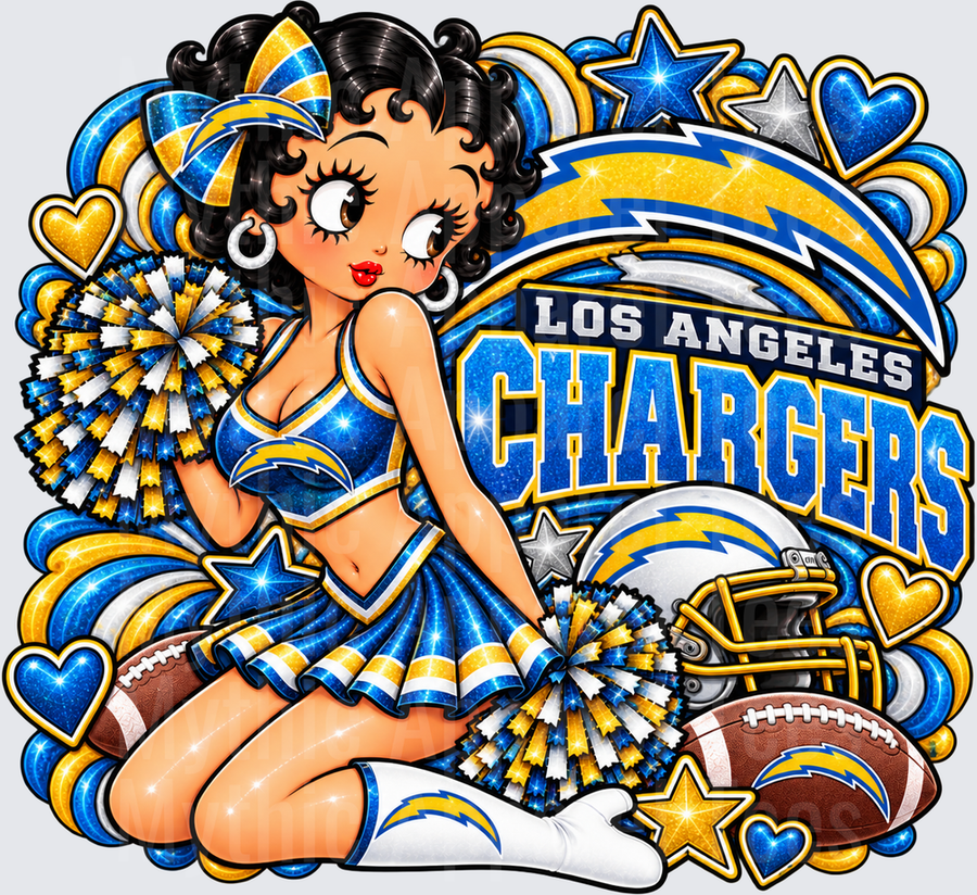 Betty Boop Los Angeles Chargers Cheerleader with Pom Poms Stars and Football Helmet Glitter Fan Design