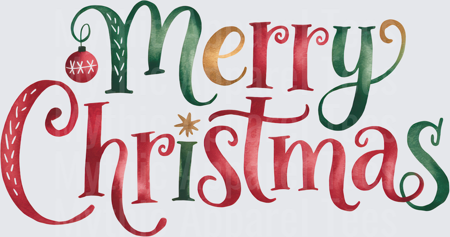 Merry Christmas Watercolor Lettering with Ornament and Star Accent in Red and Green