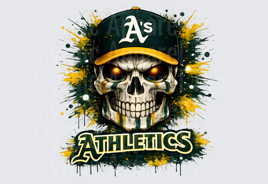 MLB Skulls Oakland Athletics Glowing Eyes Skull Green Gold Splatter